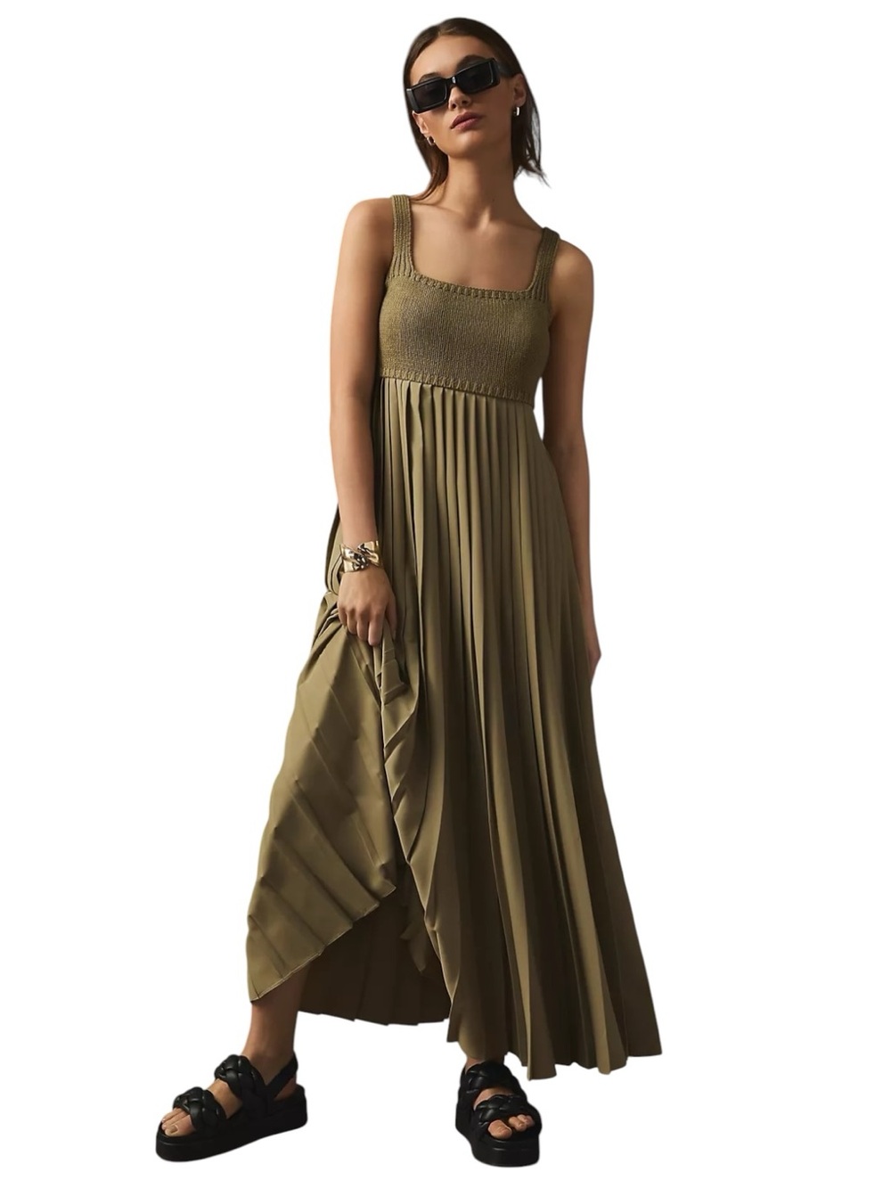 Mare Mare Pleated Maxi Dress XL Olive Green Anthropologie